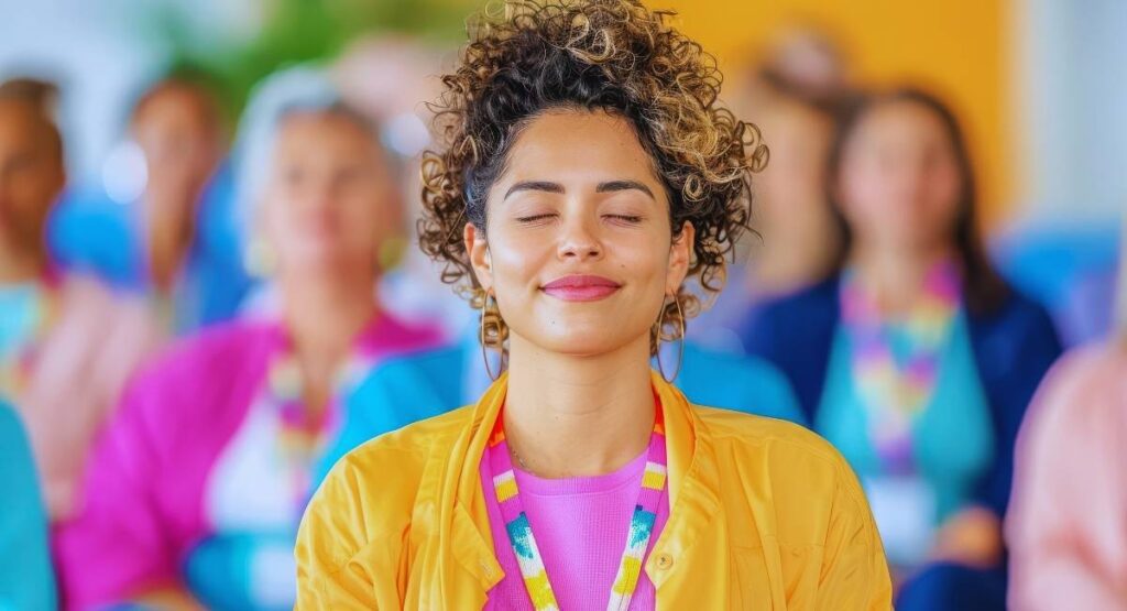 Mulher com olhos fechados e sorriso sereno em sessão de meditação coletiva, vestindo roupas coloridas em ambiente vibrante.