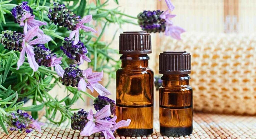 Frasco de óleo essencial com flores de lavanda ao lado, em ambiente acolhedor, simbolizando bem estar e aromaterapia natural. Floral para ansiedade