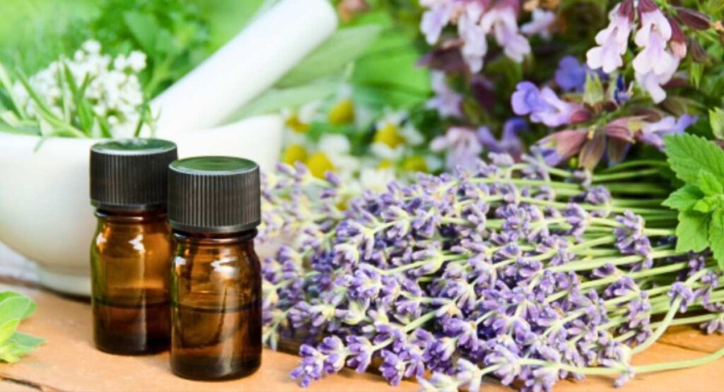 Frasco de óleo essencial com flores de lavanda ao lado, em ambiente acolhedor, simbolizando bem estar e aromaterapia natural Floral ansiedade